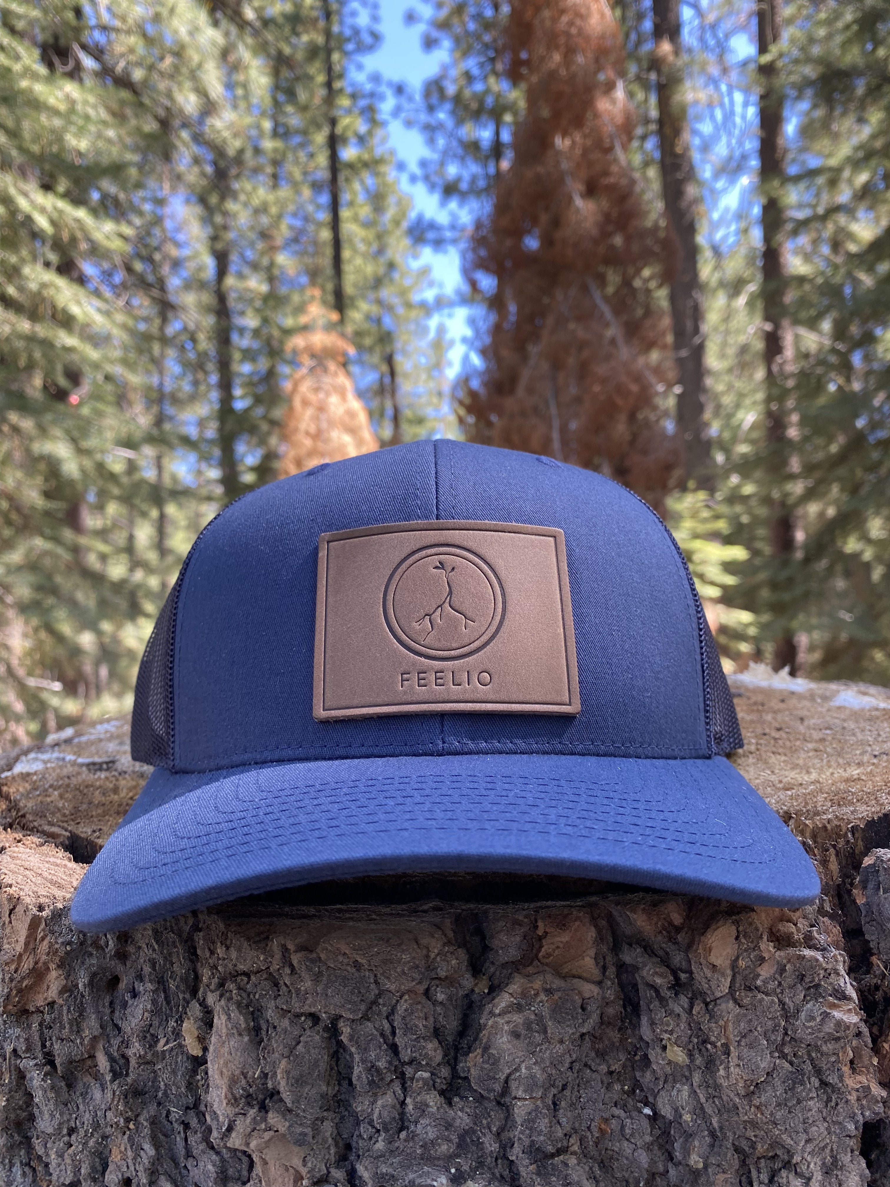dark blue horween leather patched hat
