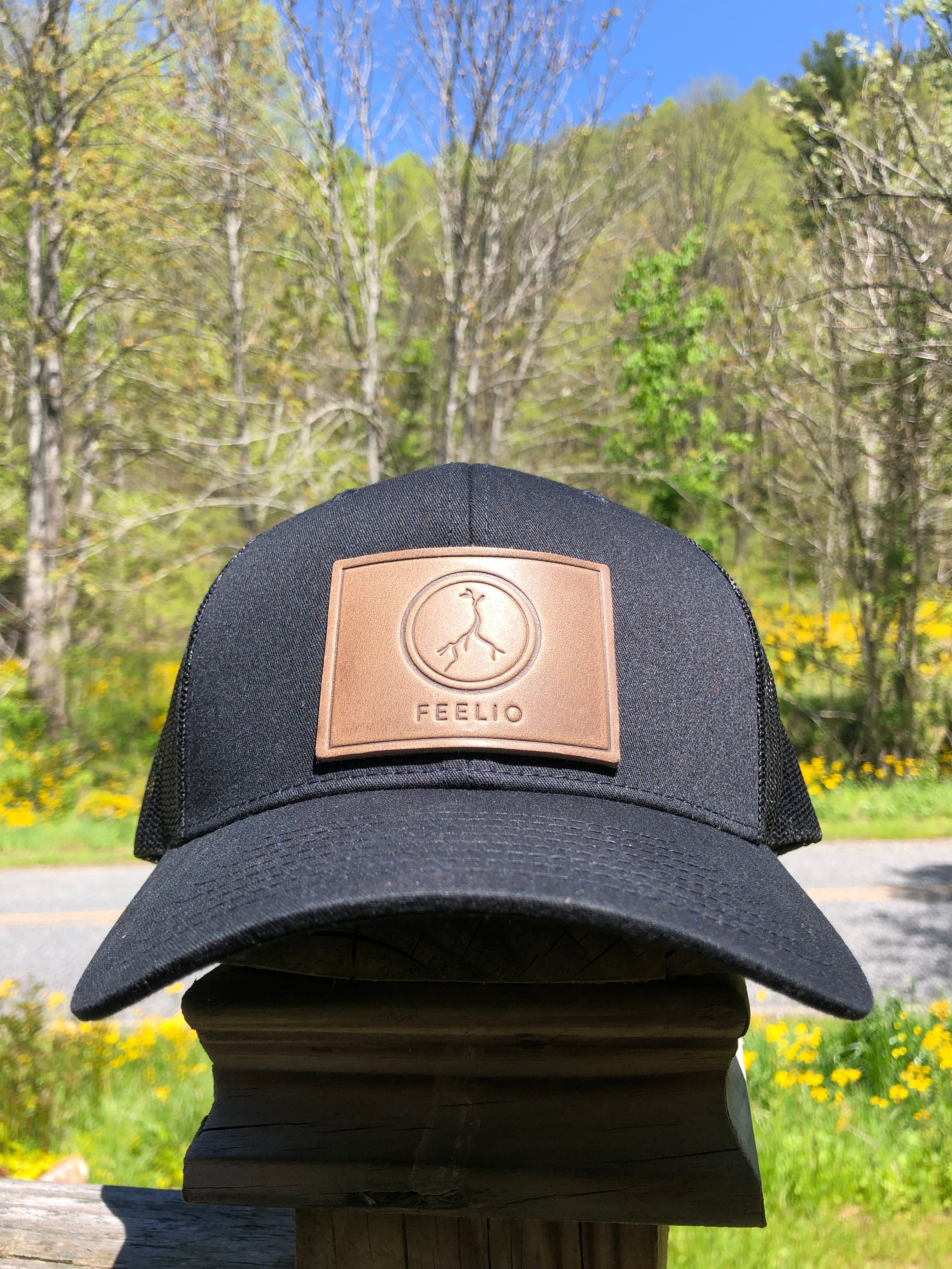 black horween leather patched hat